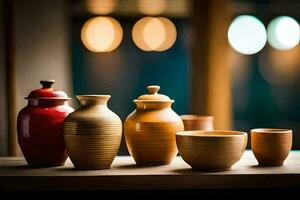 a row of vases and bowls on a table. AI-Generated photo