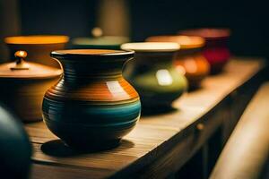 a row of colorful vases on a wooden table. AI-Generated photo