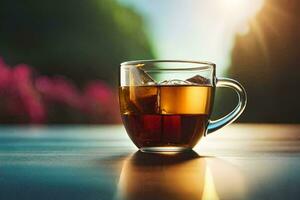 a cup of tea on a table with the sun shining. AI-Generated photo