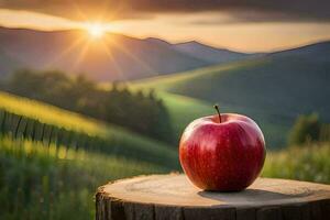 an apple sits on a stump in front of a sunset. AI-Generated photo
