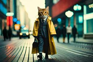 a cat dressed in a suit and a yellow raincoat. AI-Generated photo