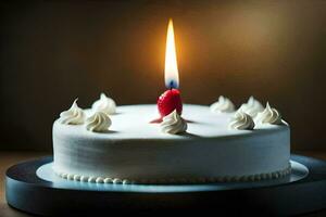 a white cake with a single candle on top. AI-Generated photo