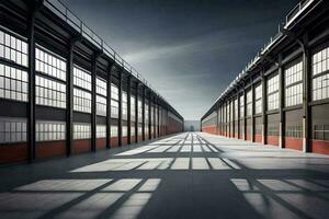 a long empty warehouse with windows and a sun shining through. AI-Generated photo