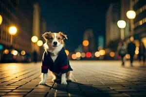 un perro vistiendo un chaqueta en el calle a noche. generado por ai foto