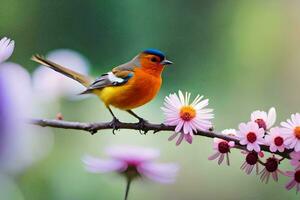 a colorful bird sits on a branch with pink flowers. AI-Generated photo