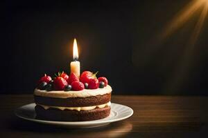 a birthday cake with a lit candle. AI-Generated photo