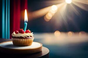 a cupcake with a single candle on top. AI-Generated photo