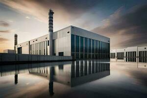 un grande industrial edificio con agua y nubes generado por ai foto