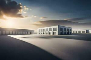 a large warehouse with a sun setting behind it. AI-Generated photo