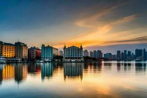 el ciudad horizonte es reflejado en el agua a puesta de sol. generado por ai foto