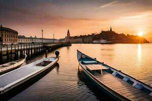 boats docked at the shore of a harbor at sunset. AI-Generated photo