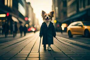 a dog wearing a coat and tie walking down a street. AI-Generated photo