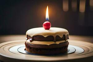 un chocolate pastel con un soltero vela en cima. generado por ai foto