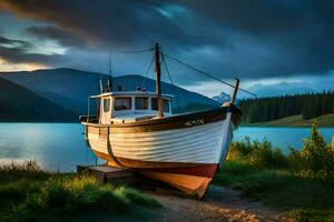 a boat sits on the shore of a lake. AI-Generated photo