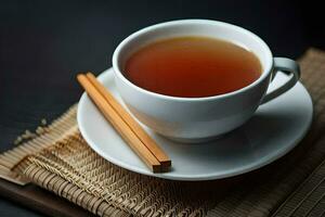 a cup of tea with a cinnamon stick. AI-Generated photo