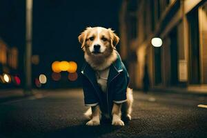 a dog wearing a jacket sitting on the street at night. AI-Generated photo