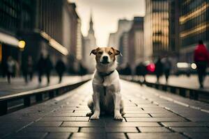 a dog sitting on the street in a city. AI-Generated photo