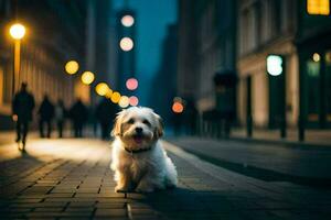 a small white dog sitting on the sidewalk at night. AI-Generated photo