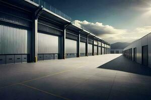 a large warehouse with two doors and a sun shining. AI-Generated photo