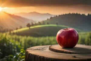 an apple sits on a stump in front of a sunset. AI-Generated photo