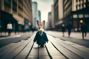 a rabbit dressed in a suit and tie standing on a street. AI-Generated photo