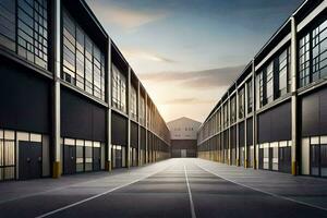 an empty warehouse with a sun setting behind it. AI-Generated photo