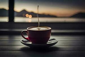 café taza en un mesa con un ver de el mar. generado por ai foto