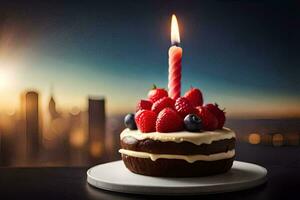 a birthday cake with a lit candle on top of it. AI-Generated photo