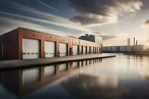 a large industrial building with a dock and water. AI-Generated photo