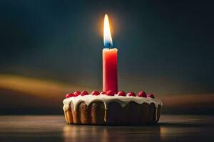 a single candle is lit on a cake. AI-Generated photo