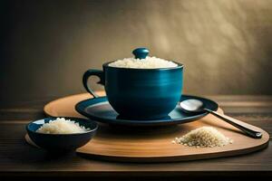 un taza de arroz en un azul taza en un de madera mesa. generado por ai foto