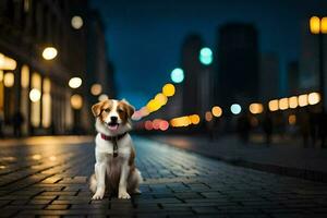 a dog sitting on the street at night. AI-Generated photo