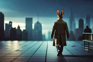 un hombre vistiendo Conejo orejas y un zanja Saco camina en frente de un ciudad horizonte. generado por ai foto