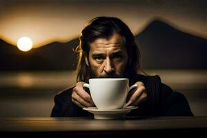 un hombre con largo pelo y barba participación un taza de café. generado por ai foto