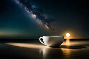 un taza de café en el playa. generado por ai foto