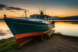 a boat sits on the shore at sunset. AI-Generated photo