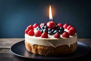 a birthday cake with berries and a candle. AI-Generated photo