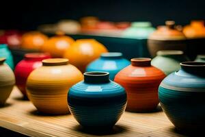 colorful vases on a table. AI-Generated photo