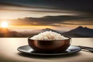 rice in a bowl on a table with a sunset in the background. AI-Generated photo