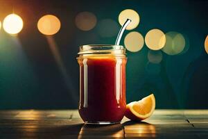 a glass of juice with a straw and slice of lemon. AI-Generated photo