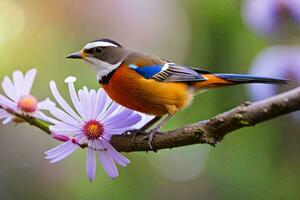 un pájaro sentado en un rama con púrpura flores generado por ai foto