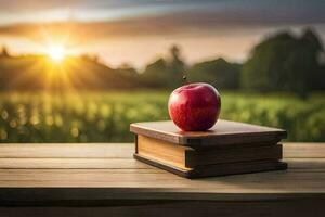 an apple sits on top of a book on a wooden table. AI-Generated photo