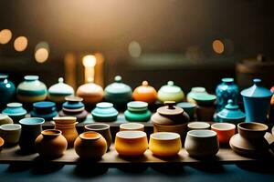 a row of colorful vases on a table. AI-Generated photo