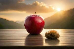 un manzana y un granada en un mesa con montañas en el antecedentes. generado por ai foto