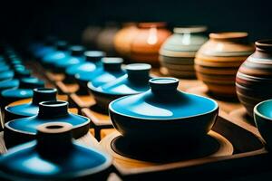 a row of blue and green vases on a table. AI-Generated photo