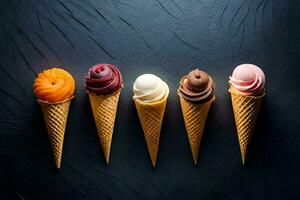 five ice cream cones with different flavors on a dark background. AI-Generated photo