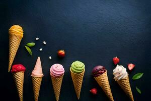 different ice cream flavors in cones on a black background. AI-Generated photo