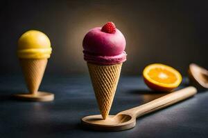 three ice cream cones with different colors on a table. AI-Generated photo