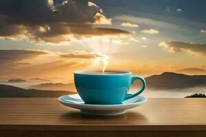 coffee cup on the table with the sun behind mountains. AI-Generated photo