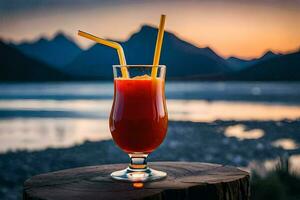 a glass of orange juice with a straw on a log. AI-Generated photo